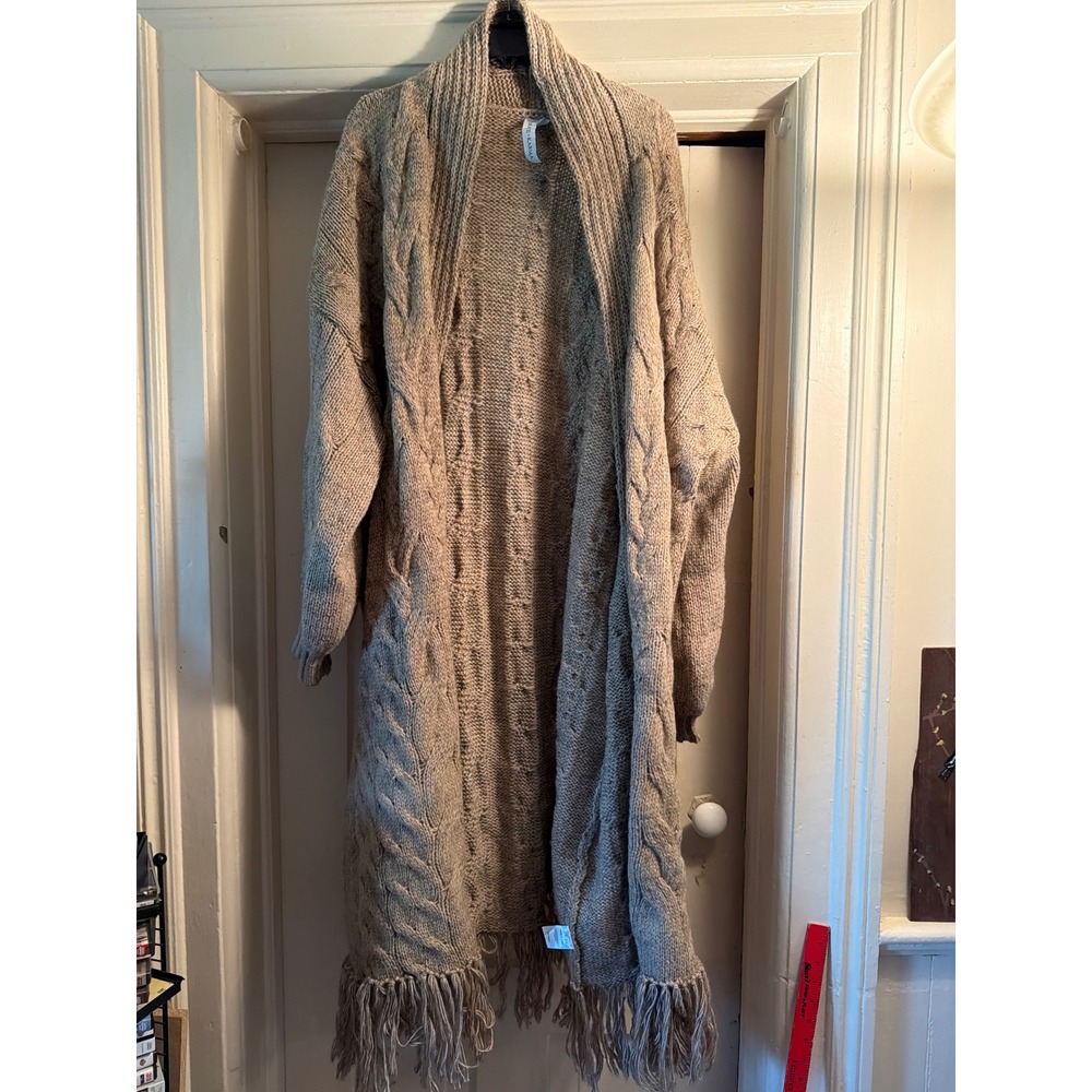 Grace + Karma Womens 2X/3X Tan Cable Knit Fringe Longline Cardigan Sweater Boho